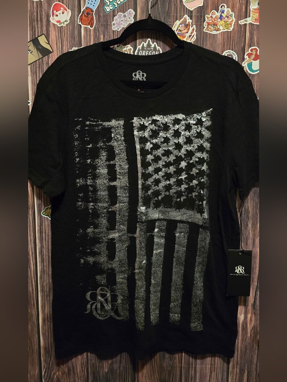 Rock & Republic Black Tee with Distressed Silver Flag Graphic